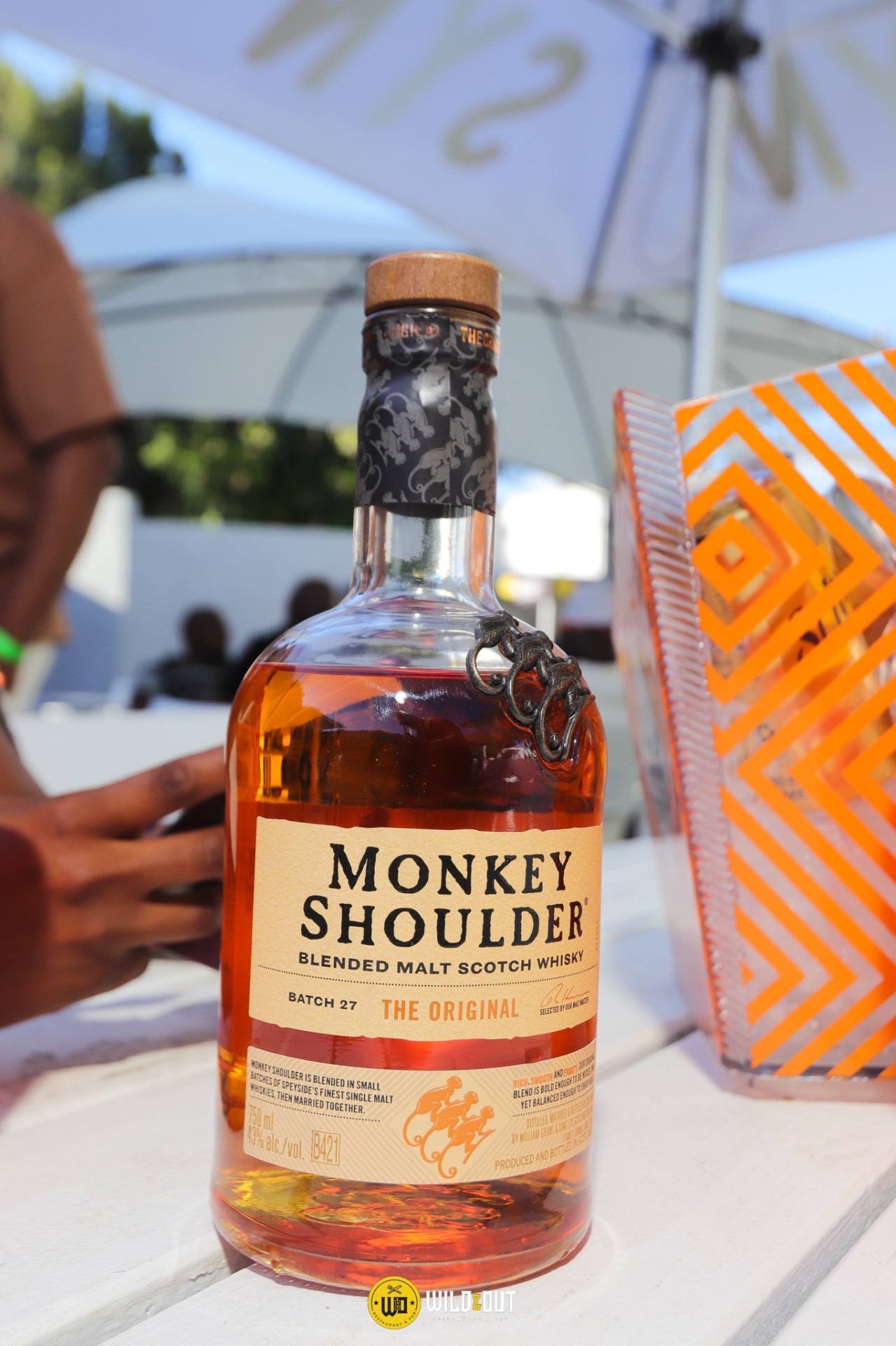 Monkey Shoulder bottle on the patio